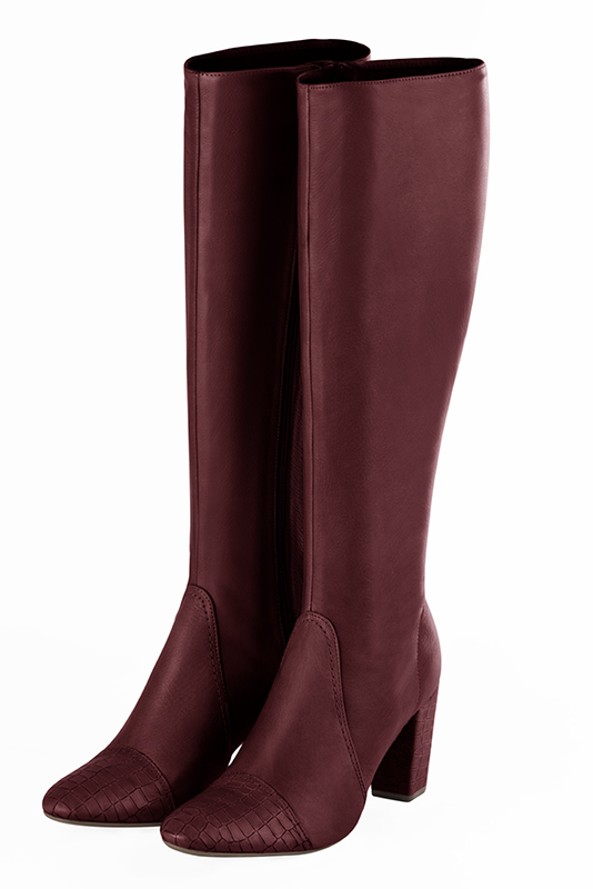 Burgundy red women's feminine knee-high boots. Round toe. High block heels. Made to measure. Front view - Florence KOOIJMAN